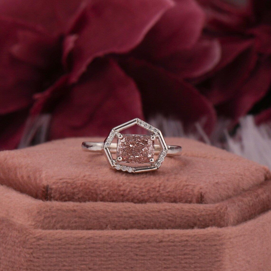 1.50 CT Pink Radiant Lab Grown Diamond Halo Engagement Ring