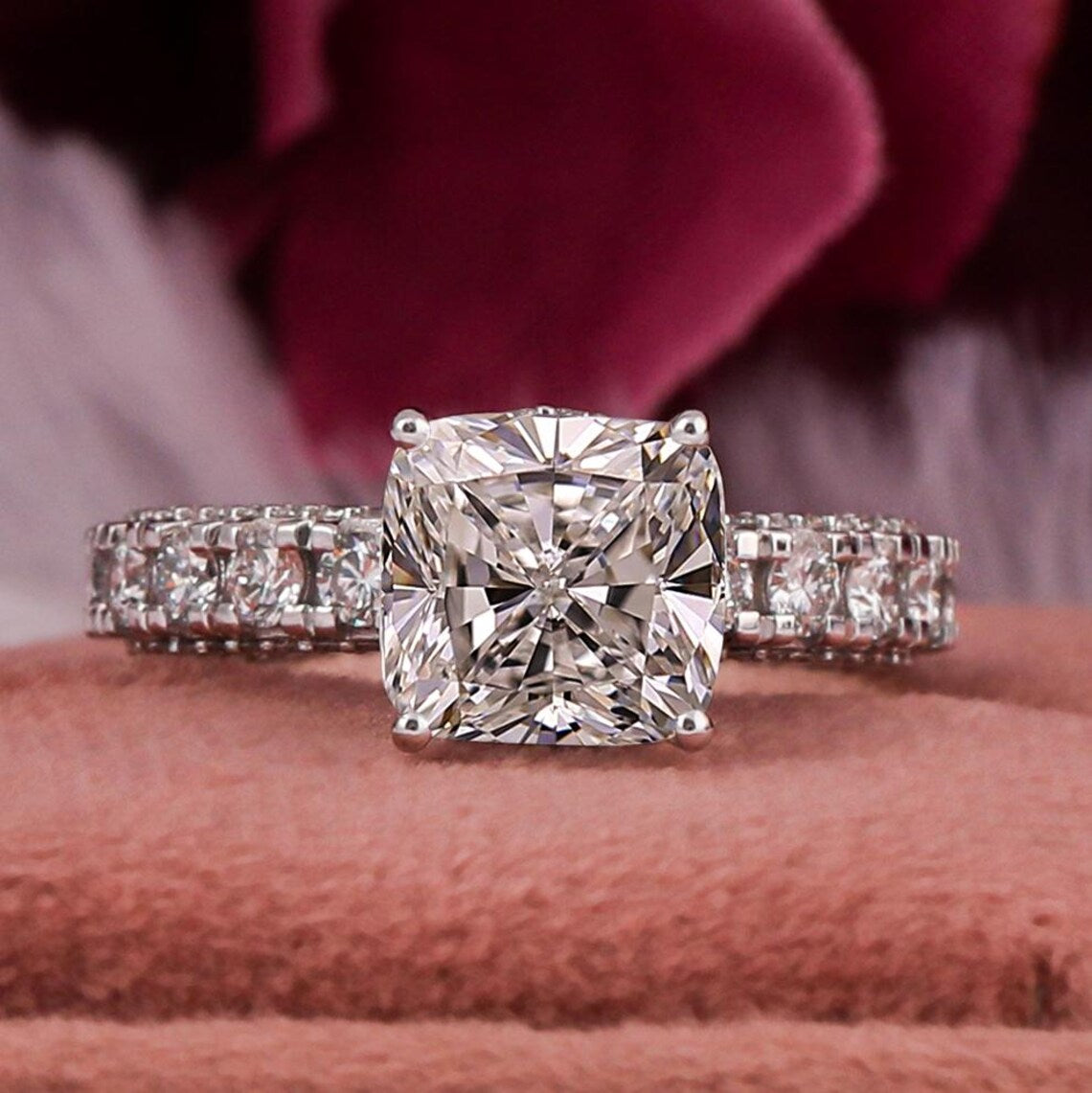 3.00 CT Cushion Cut Lab Diamond Double Hidden Halo Engagement Ring