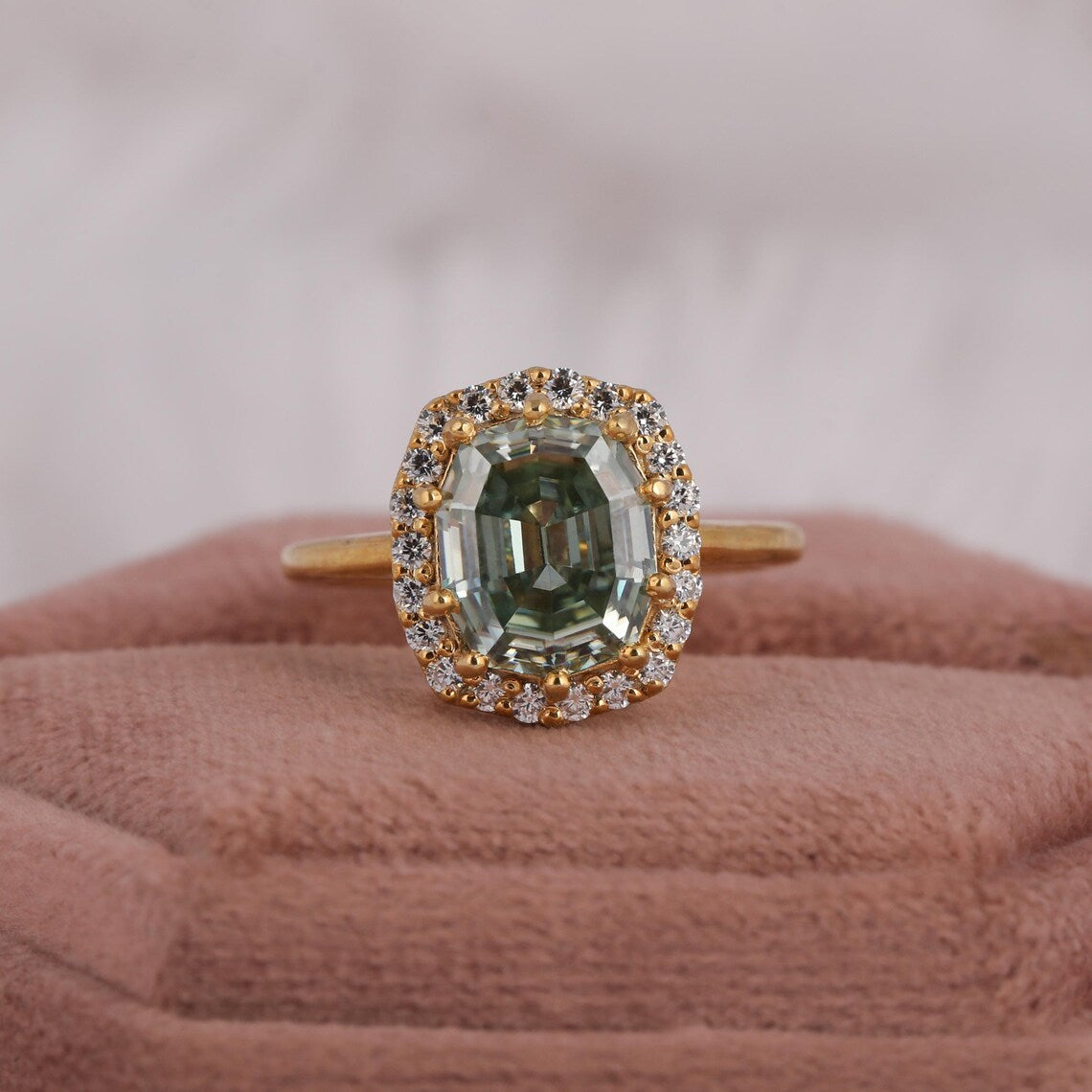 2.50 CT Green Elongated Oval Step Cut Lab Diamond Halo Engagement Ring