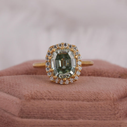 2.50 CT Green Elongated Oval Step Cut Lab Diamond Halo Engagement Ring
