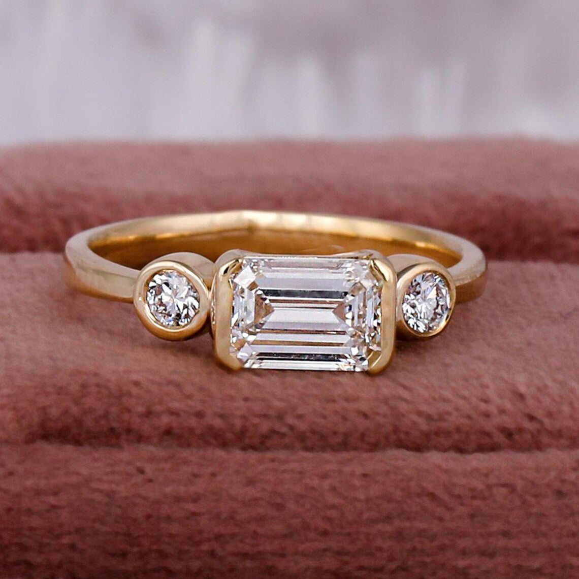 1.00 CT Emerald Lab Grown Diamond Three Stone Engagement Ring