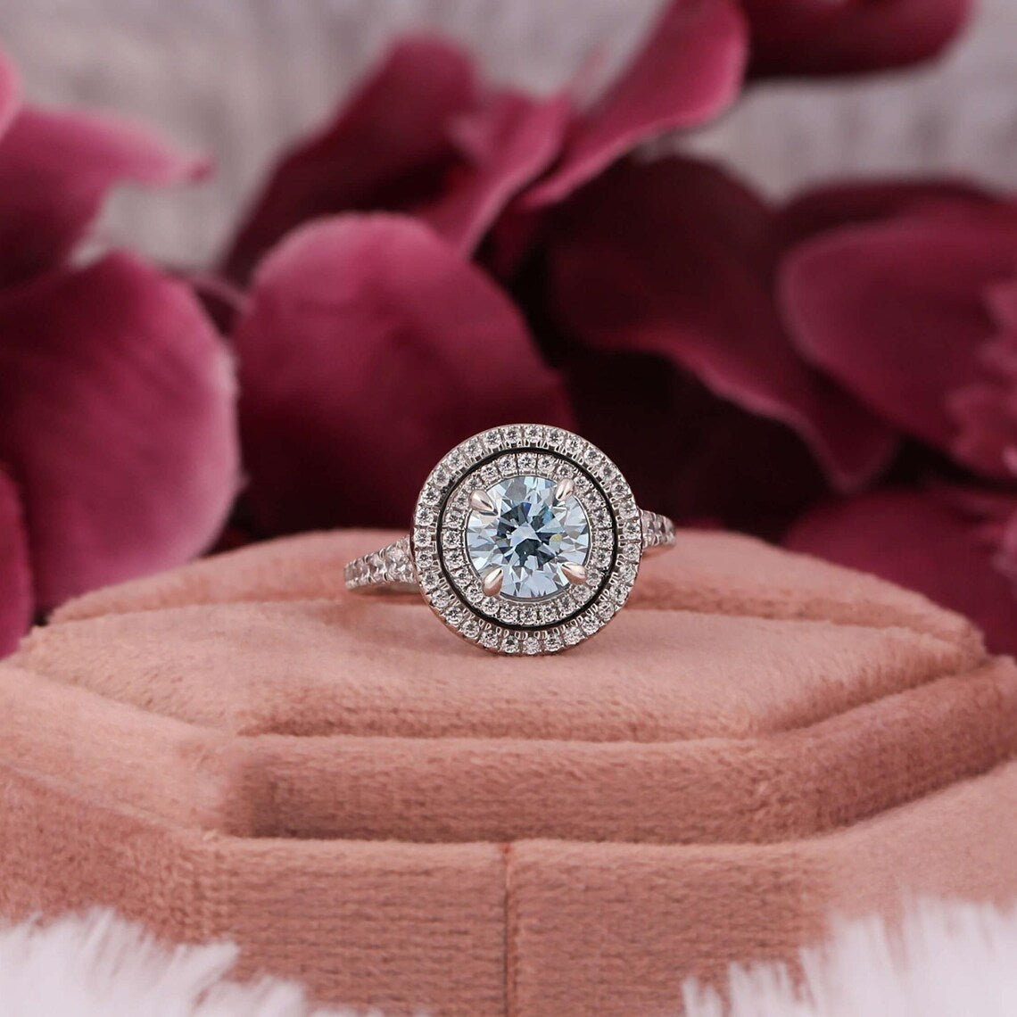 1.50 CT Blue Round Cut Lab Diamond Double Halo Engagement Ring