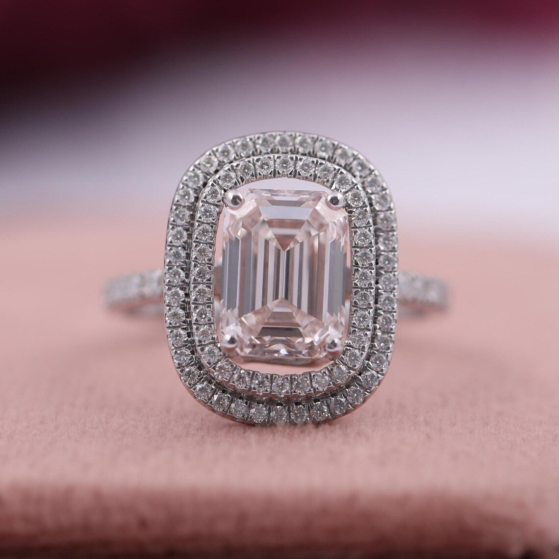 2.00 CT Emerald Fancy Pink Lab Diamond Double Halo Pave Engagement Ring