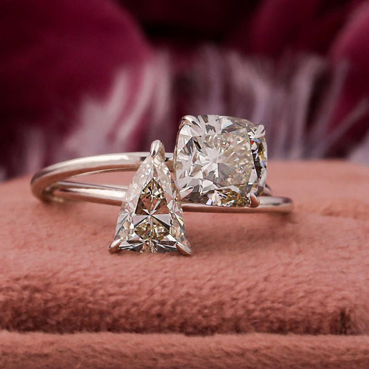 3.20 TCW Cushion & Trillion Cut Lab Diamond Toi Et Moi Engagement Ring