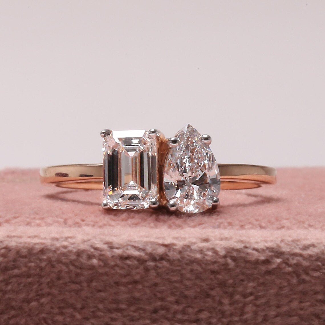 2.00 TCW Emerald & Pear Cut Lab Grown Diamond Toi Et Moi Ring