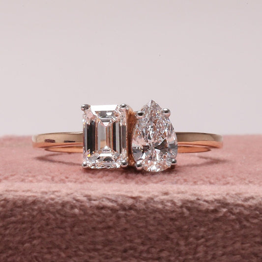 2.00 TCW Emerald & Pear Cut Lab Grown Diamond Toi Et Moi Ring