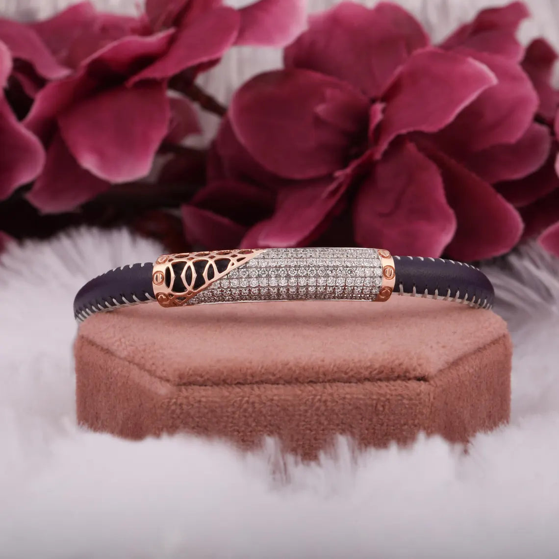 2.50 TCW Round Cut Lab Grown Diamond Leather Bracelet For Men