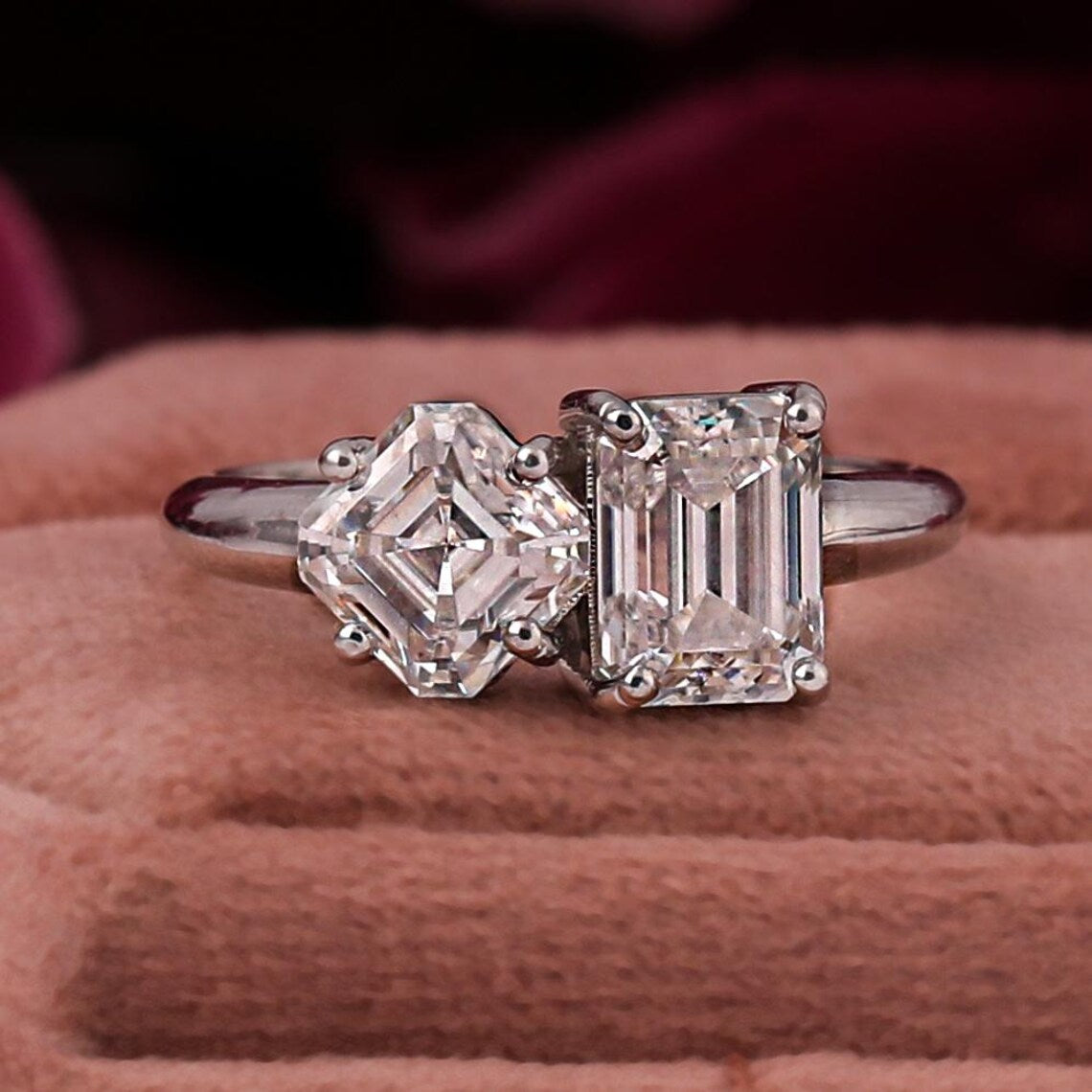 4.50 TCW Asscher & Emerald Cut Lab Diamond Two Stone Engagement Ring