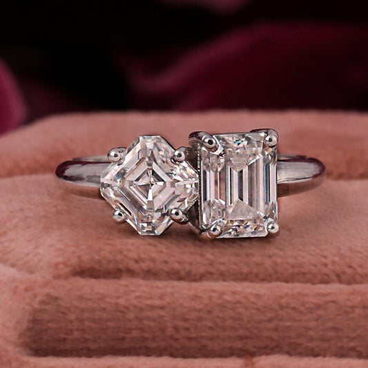 4.50 TCW Asscher & Emerald Cut Lab Diamond Two Stone Engagement Ring