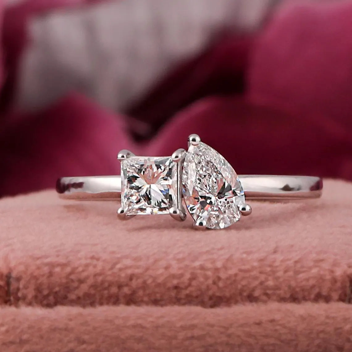 1.35 TCW Princess & Pear Lab Diamond Toi Et Moi Engagement Ring