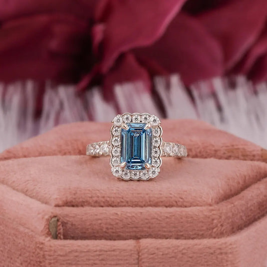 1.50 CT Fancy Vivid Blue Lab Diamond Emerald Cut Halo Engagement Ring