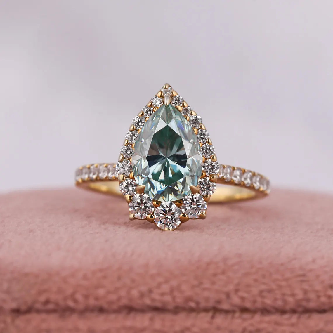 2.00 CT Green Pear Cut Lab Grown Diamond Halo Engagement Ring