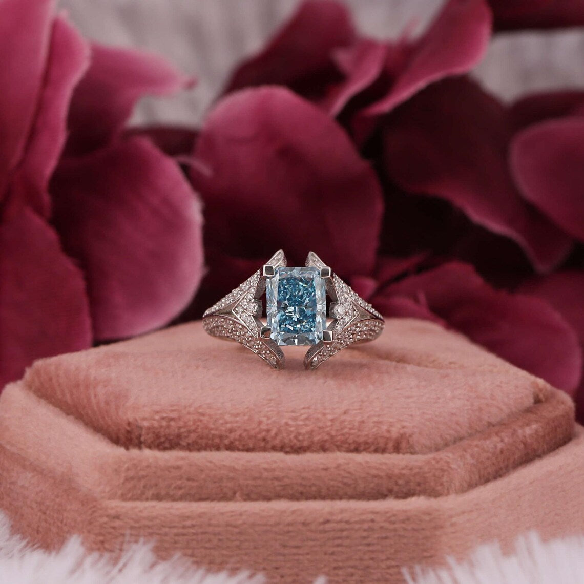 2.50 CT Blue Radiant Cut Lab Grown Diamond Split Shank Wedding Ring