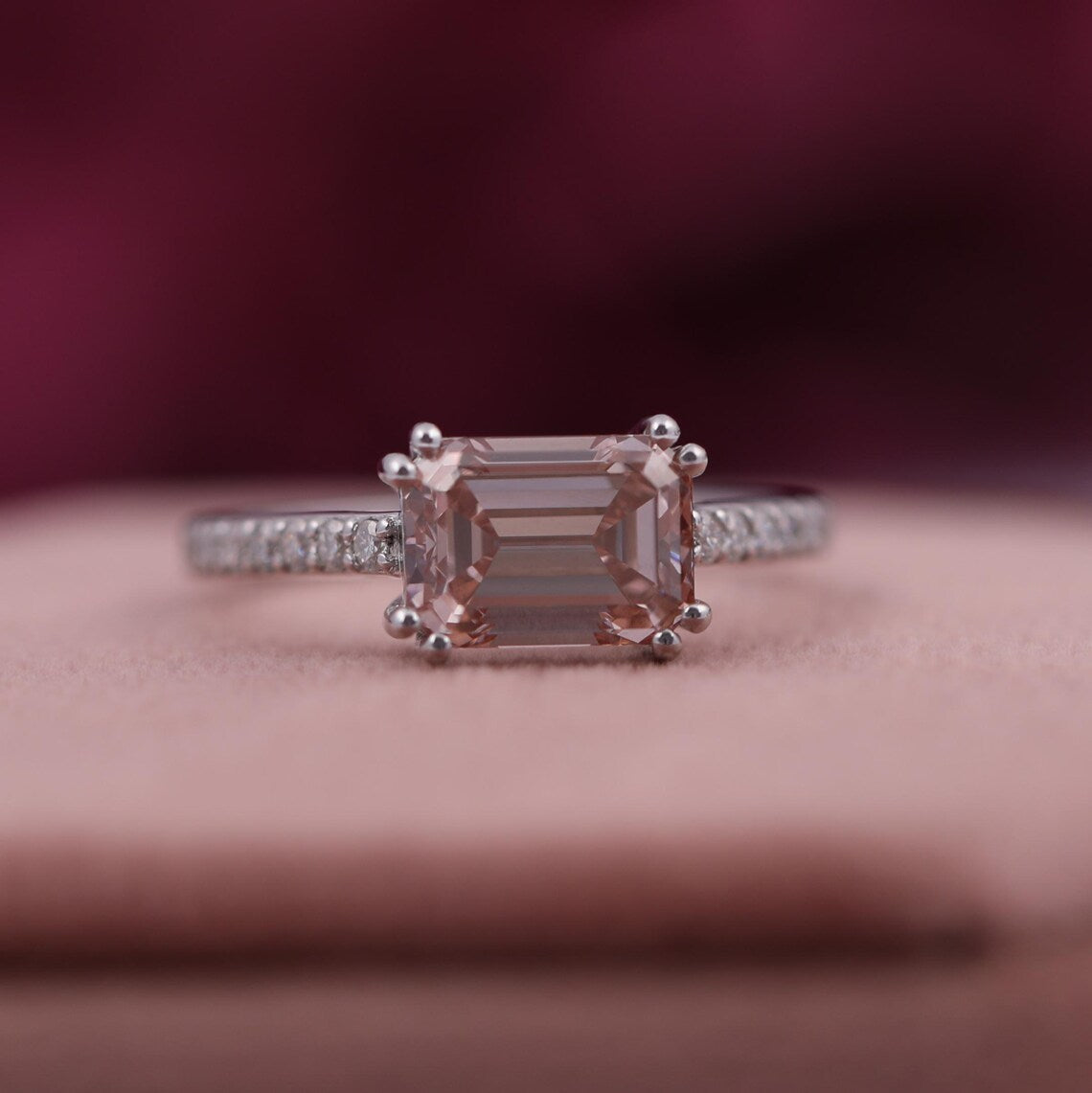 1.00 CT Pink Emerald Lab Grown Diamond Pave Engagement Ring