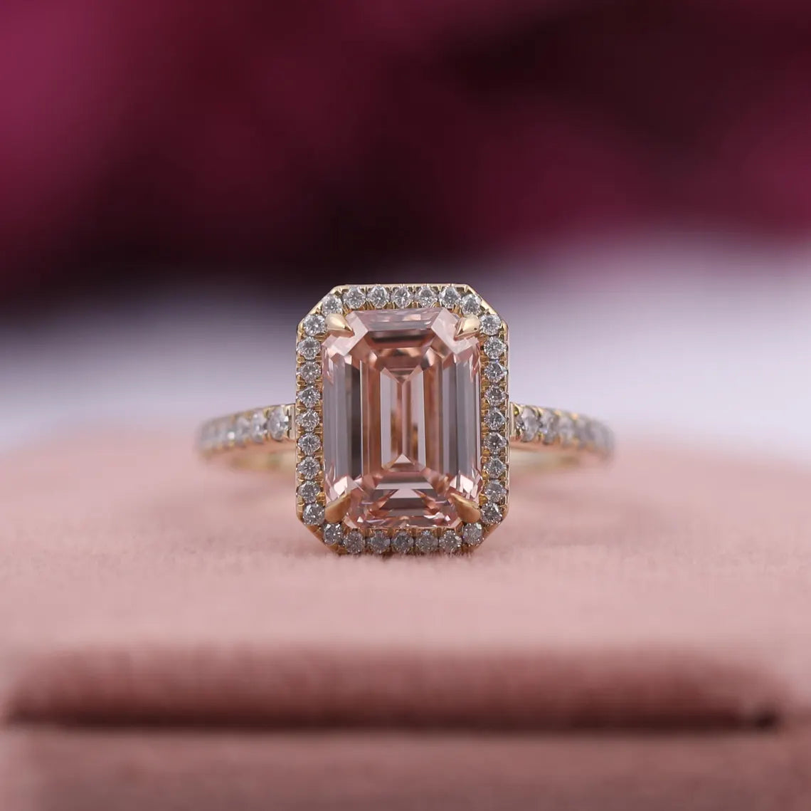 2 Carat Pink Color Emerald Cut Lab Diamond Halo Engagement Ring