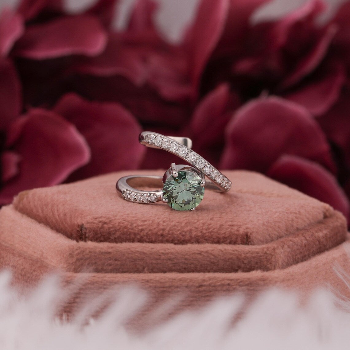1.50 CT Green Round Cut Lab Grown Diamond Pave Engagement Ring