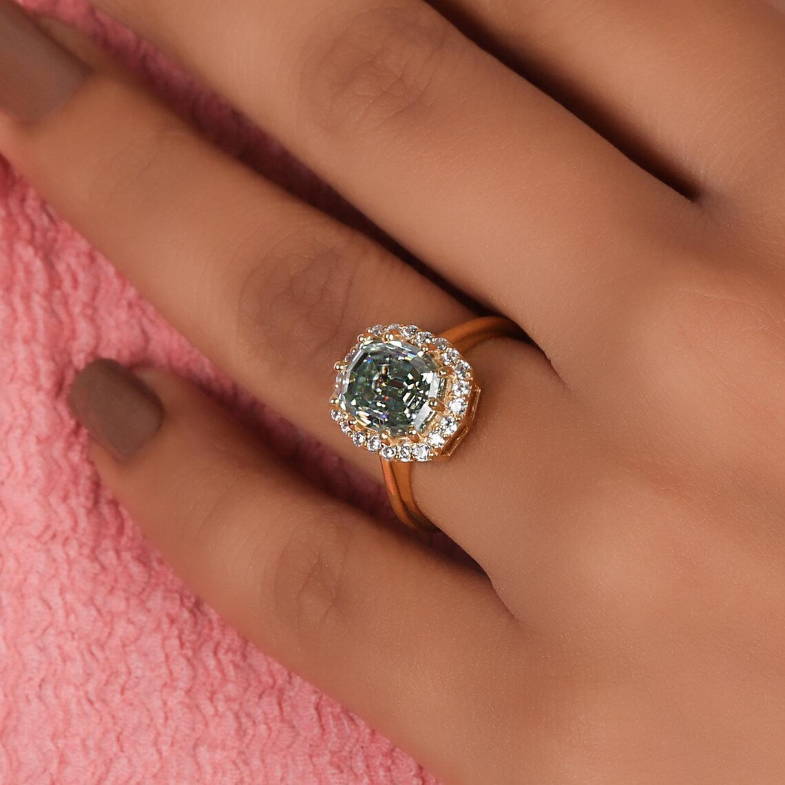 2.50 CT Green Elongated Oval Step Cut Lab Diamond Halo Engagement Ring