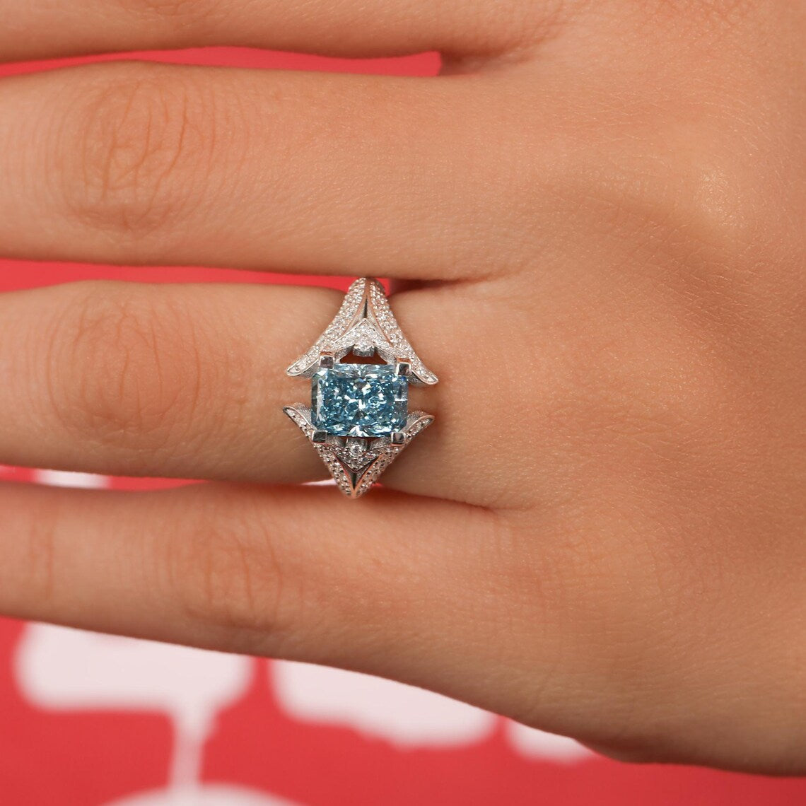 2.50 CT Blue Radiant Cut Lab Grown Diamond Split Shank Wedding Ring