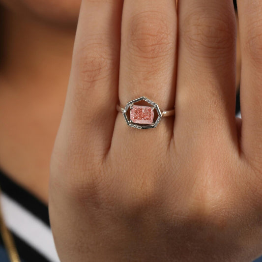 1.50 CT Pink Radiant Lab Grown Diamond Halo Engagement Ring