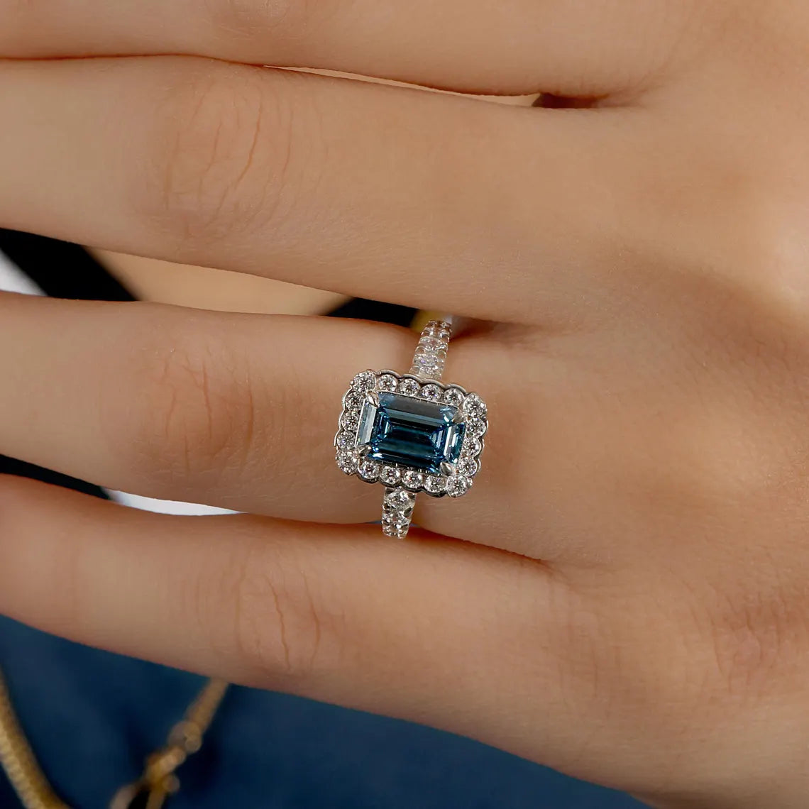 1.50 CT Fancy Vivid Blue Lab Diamond Emerald Cut Halo Engagement Ring