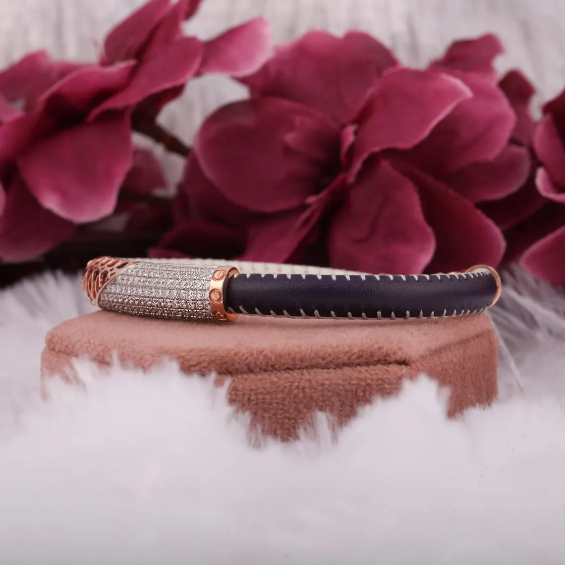 2.50 TCW Round Cut Lab Grown Diamond Leather Bracelet For Men