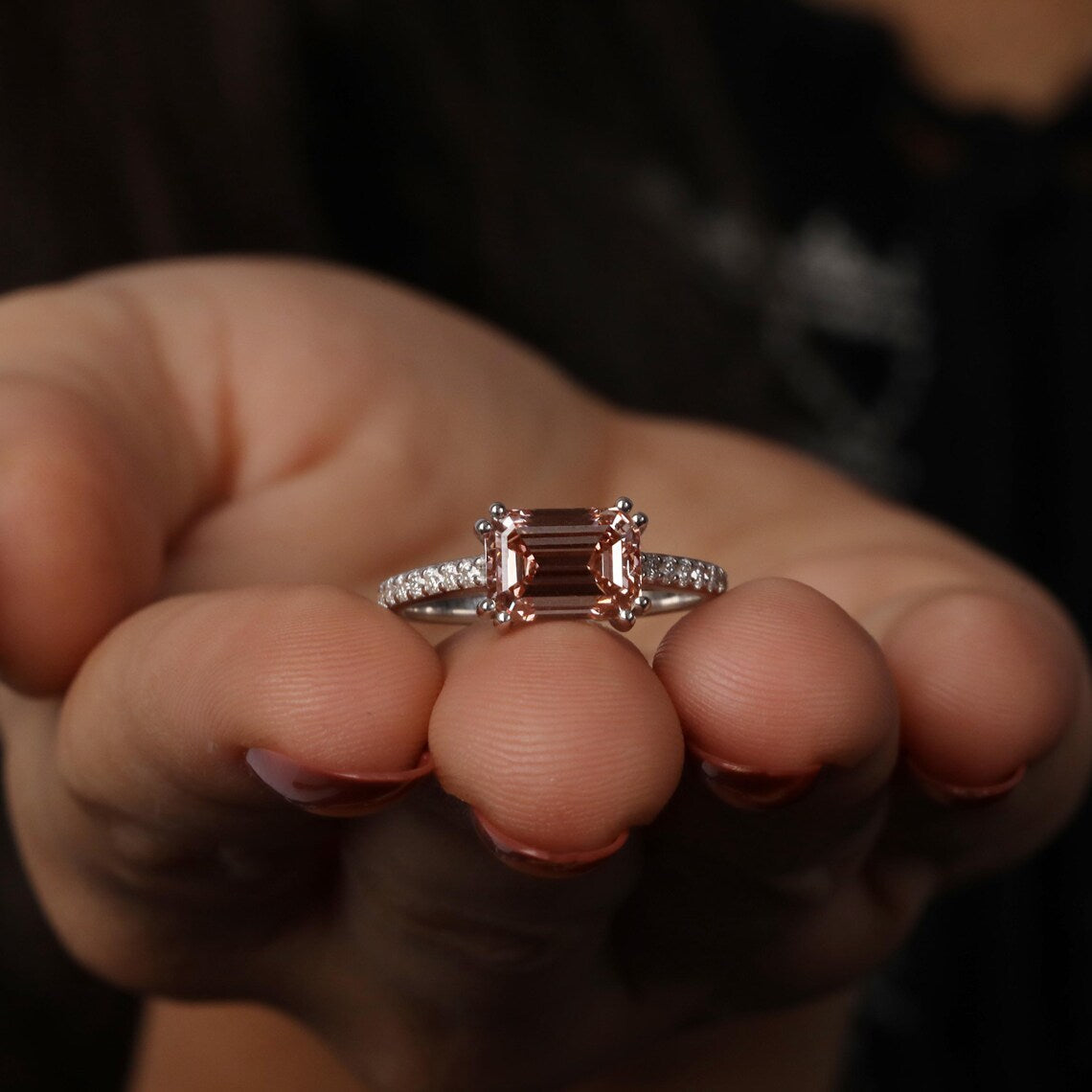 1.00 CT Pink Emerald Lab Grown Diamond Pave Engagement Ring