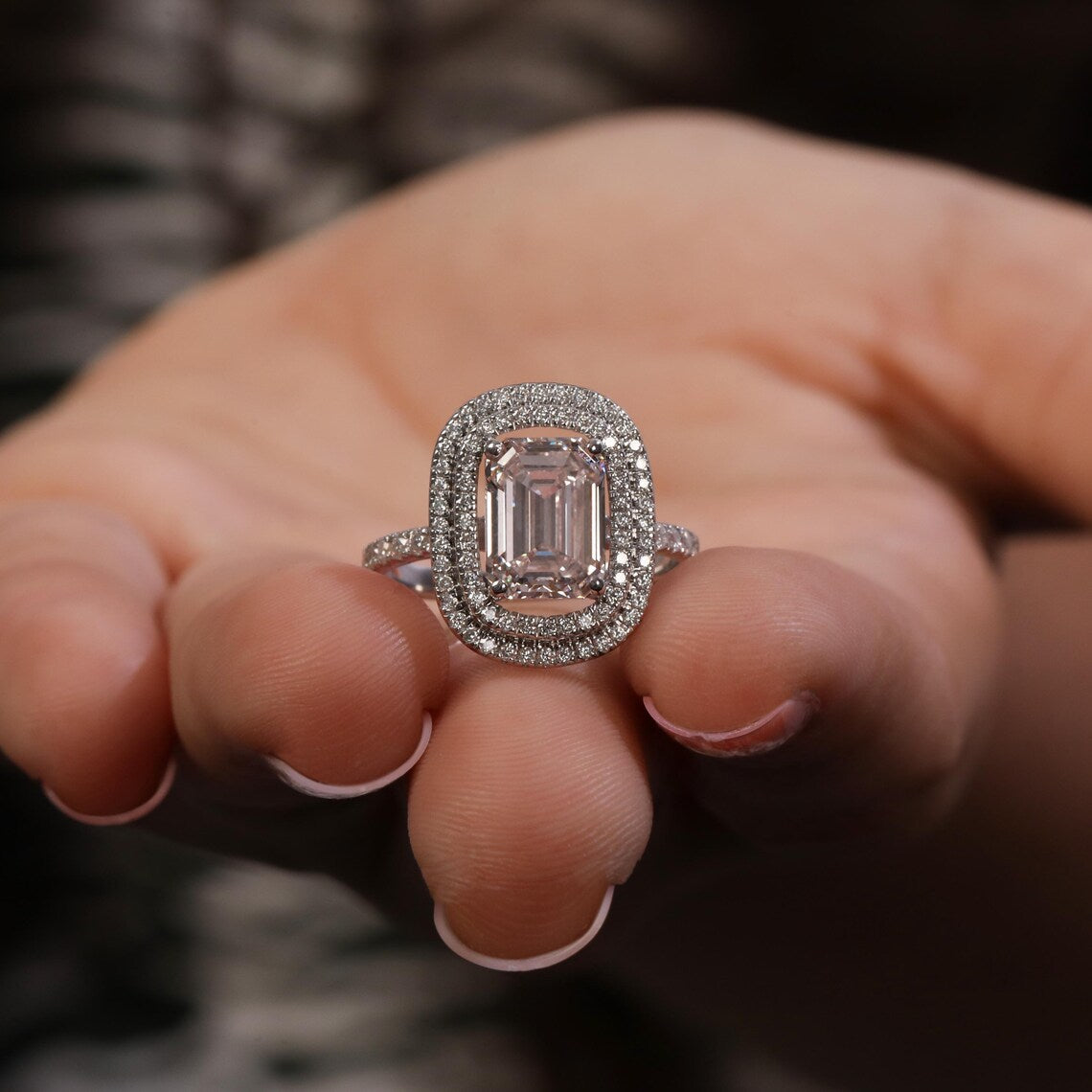 2.00 CT Emerald Fancy Pink Lab Diamond Double Halo Pave Engagement Ring