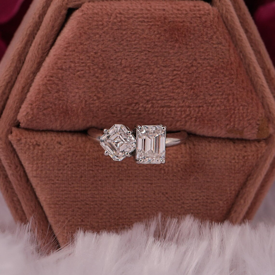 4.50 TCW Asscher & Emerald Cut Lab Diamond Two Stone Engagement Ring