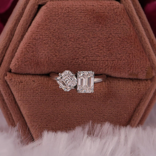 4.50 TCW Asscher & Emerald Cut Lab Diamond Two Stone Engagement Ring