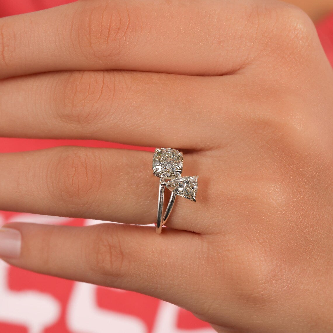 3.20 TCW Cushion & Trillion Cut Lab Diamond Toi Et Moi Engagement Ring