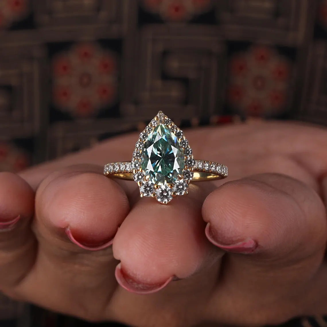2.00 CT Green Pear Cut Lab Grown Diamond Halo Engagement Ring