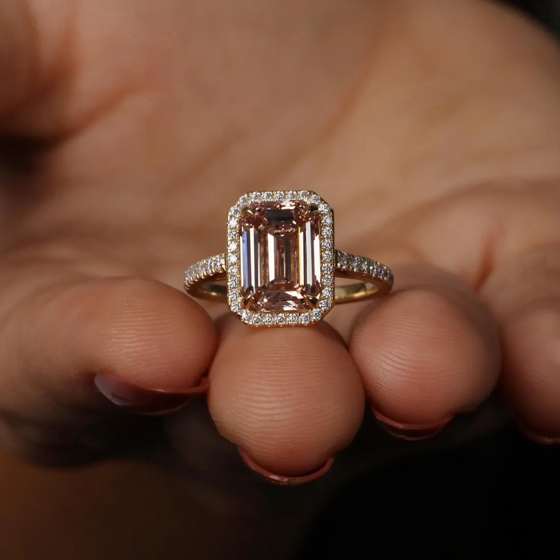 2 Carat Pink Color Emerald Cut Lab Diamond Halo Engagement Ring