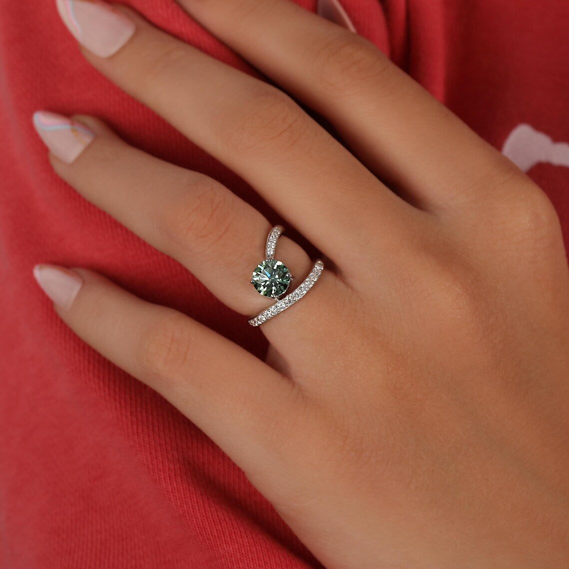 1.50 CT Green Round Cut Lab Grown Diamond Pave Engagement Ring