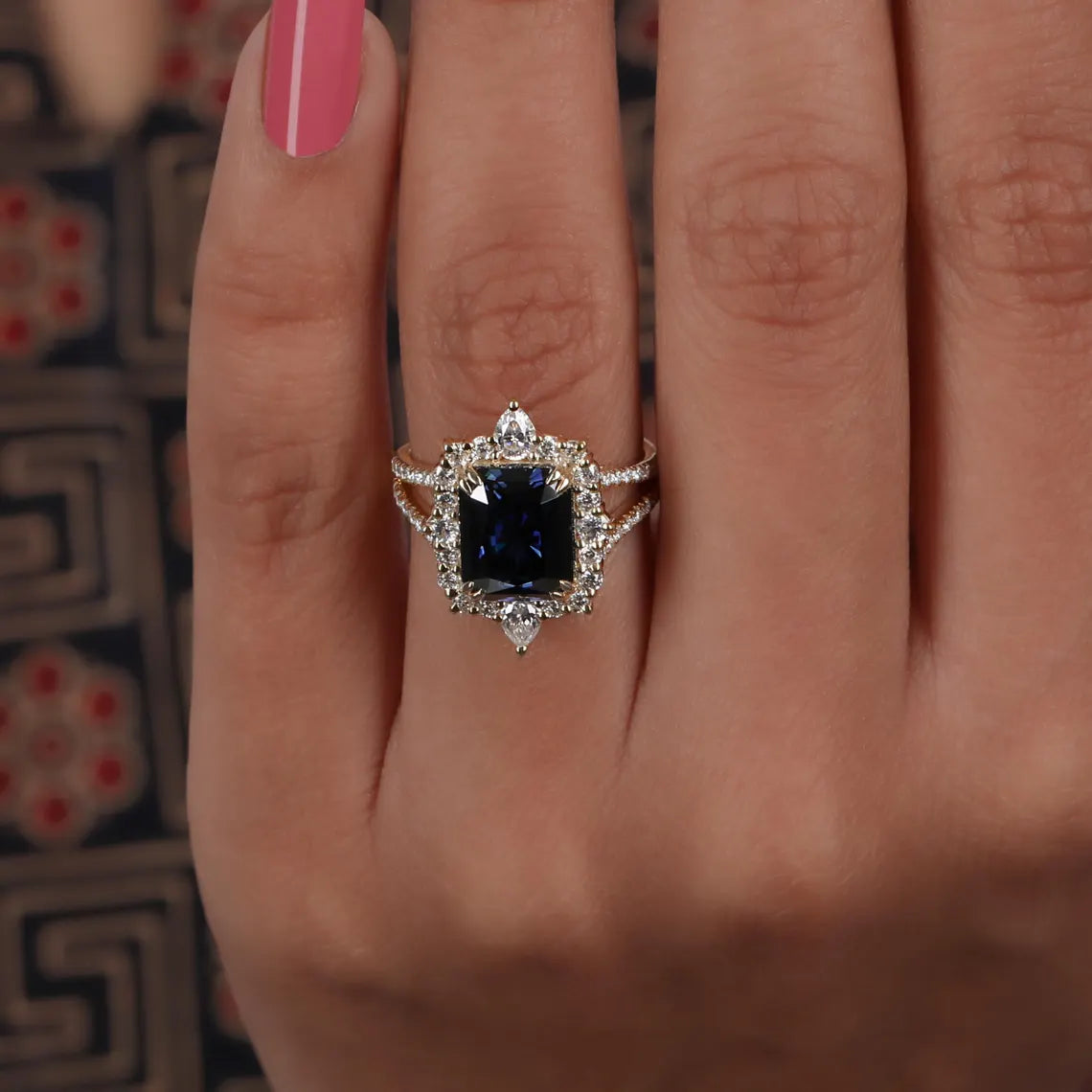 2.00 Carat Blue Radiant Cut Lab Grown Diamond Halo Wedding Ring