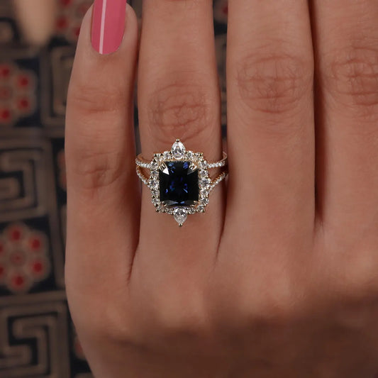 2.00 Carat Blue Radiant Cut Lab Grown Diamond Halo Wedding Ring