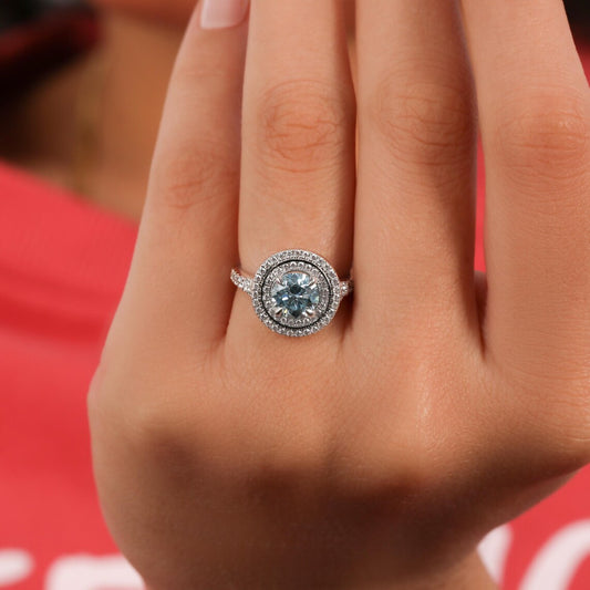 1.50 CT Blue Round Cut Lab Diamond Double Halo Engagement Ring