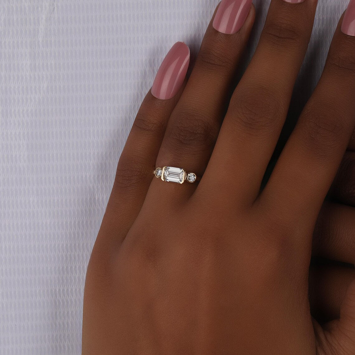 1.00 CT Emerald Lab Grown Diamond Three Stone Engagement Ring