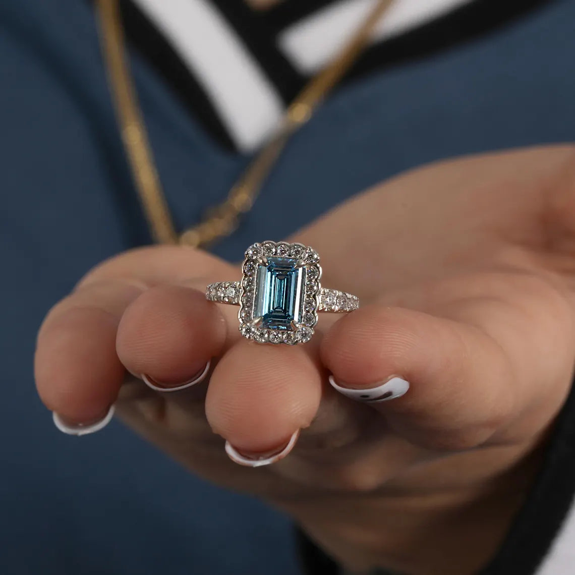 1.50 CT Fancy Vivid Blue Lab Diamond Emerald Cut Halo Engagement Ring