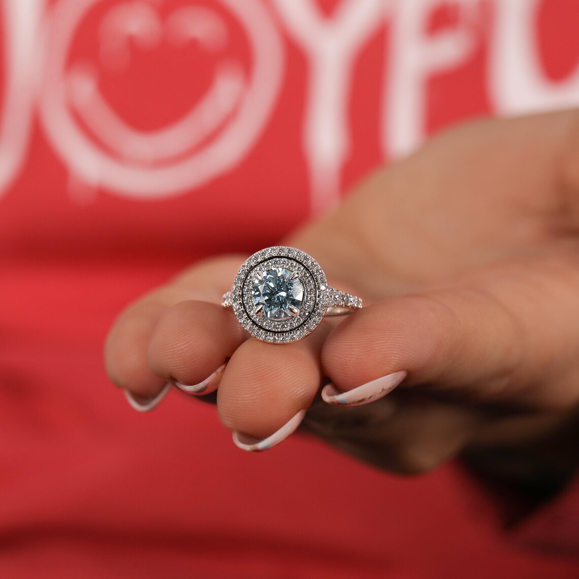 1.50 CT Blue Round Cut Lab Diamond Double Halo Engagement Ring