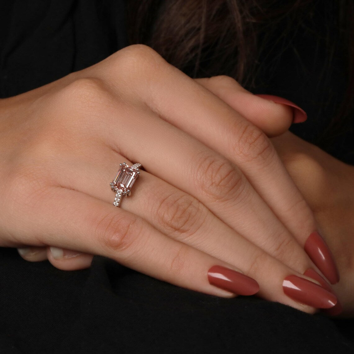 1.00 CT Pink Emerald Lab Grown Diamond Pave Engagement Ring
