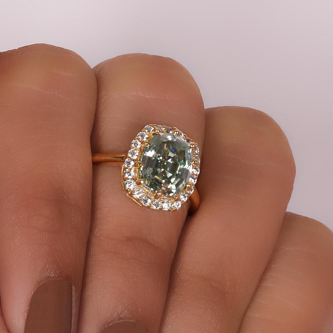 2.50 CT Green Elongated Oval Step Cut Lab Diamond Halo Engagement Ring