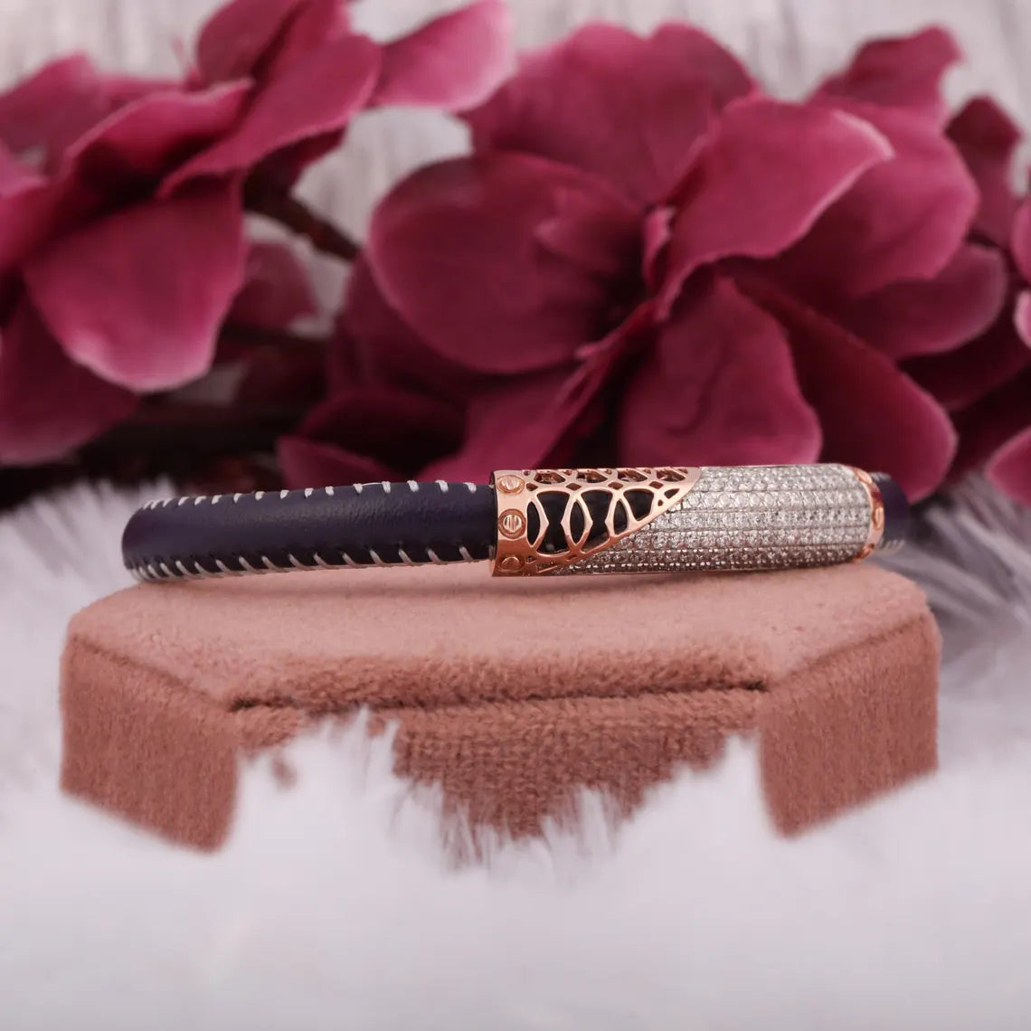 2.50 TCW Round Cut Lab Grown Diamond Leather Bracelet For Men