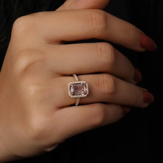 2 Carat Pink Color Emerald Cut Lab Diamond Halo Engagement Ring