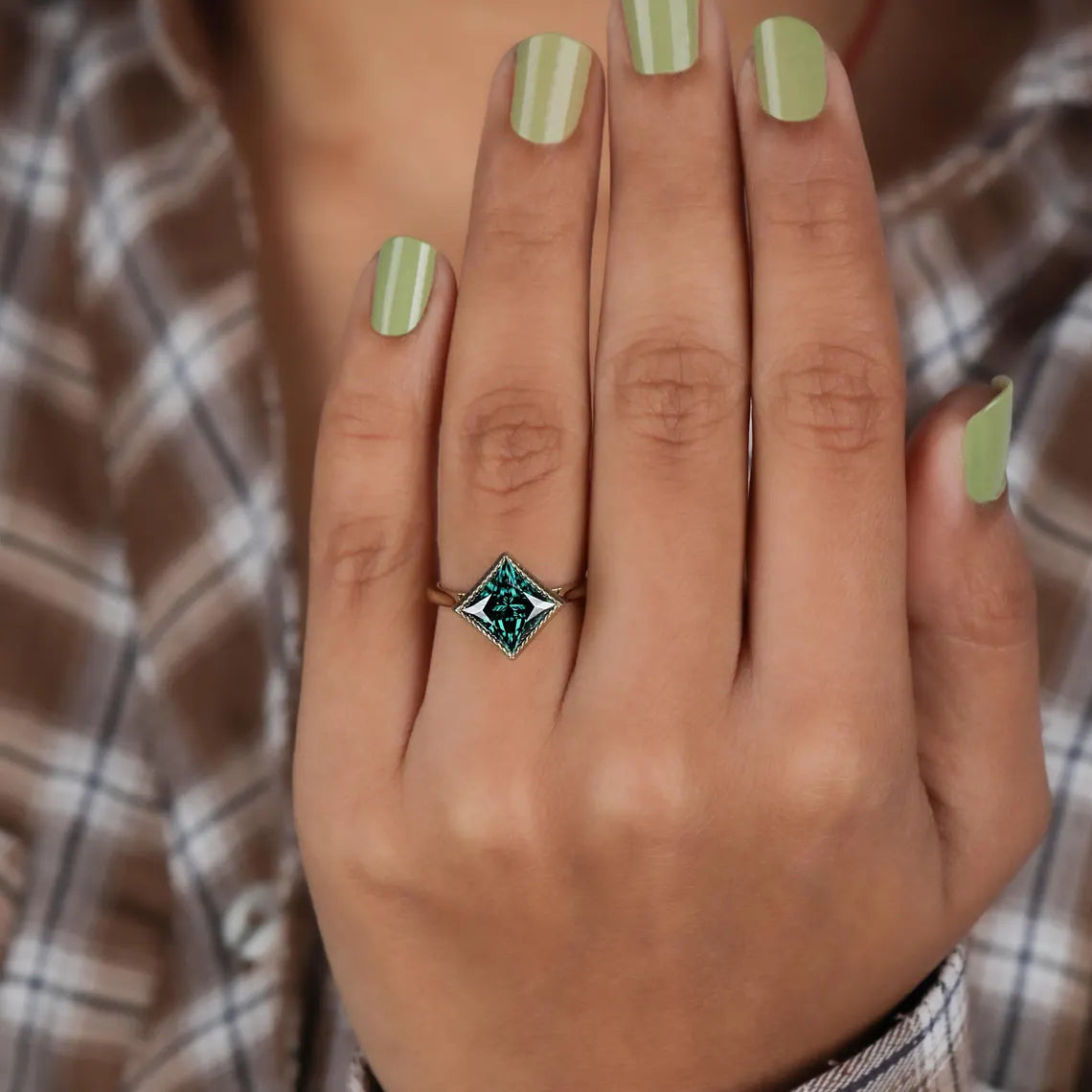 2.00 CT Green Princess Cut Lab Grown Diamond Engagement Ring