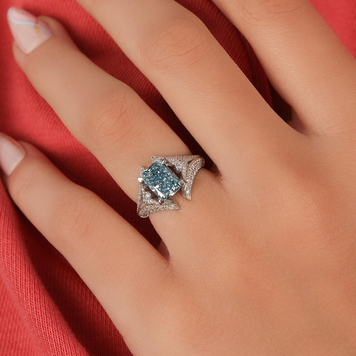 2.50 CT Blue Radiant Cut Lab Grown Diamond Split Shank Wedding Ring