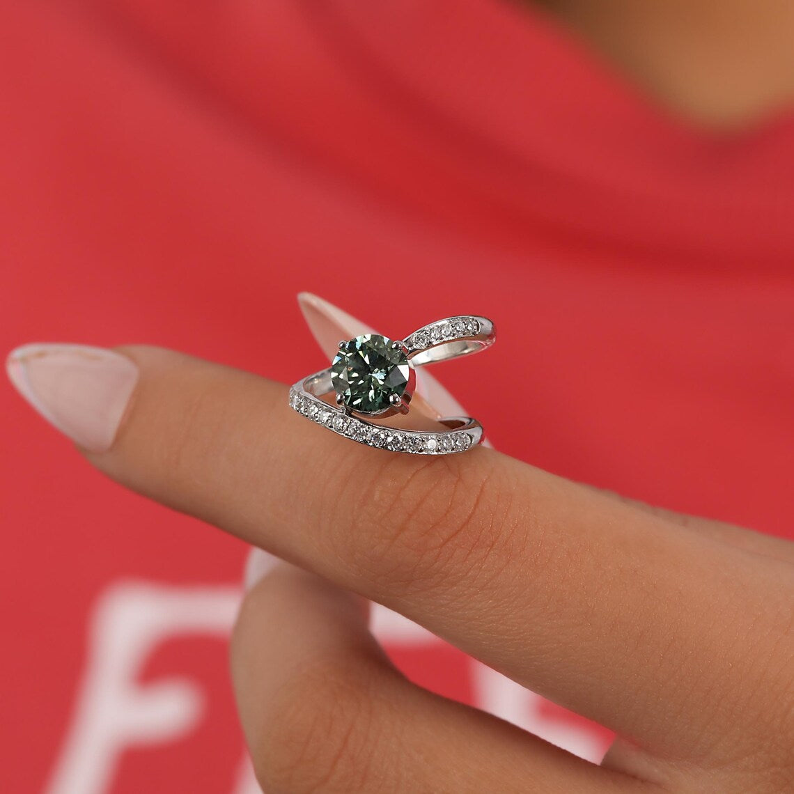 1.50 CT Green Round Cut Lab Grown Diamond Pave Engagement Ring