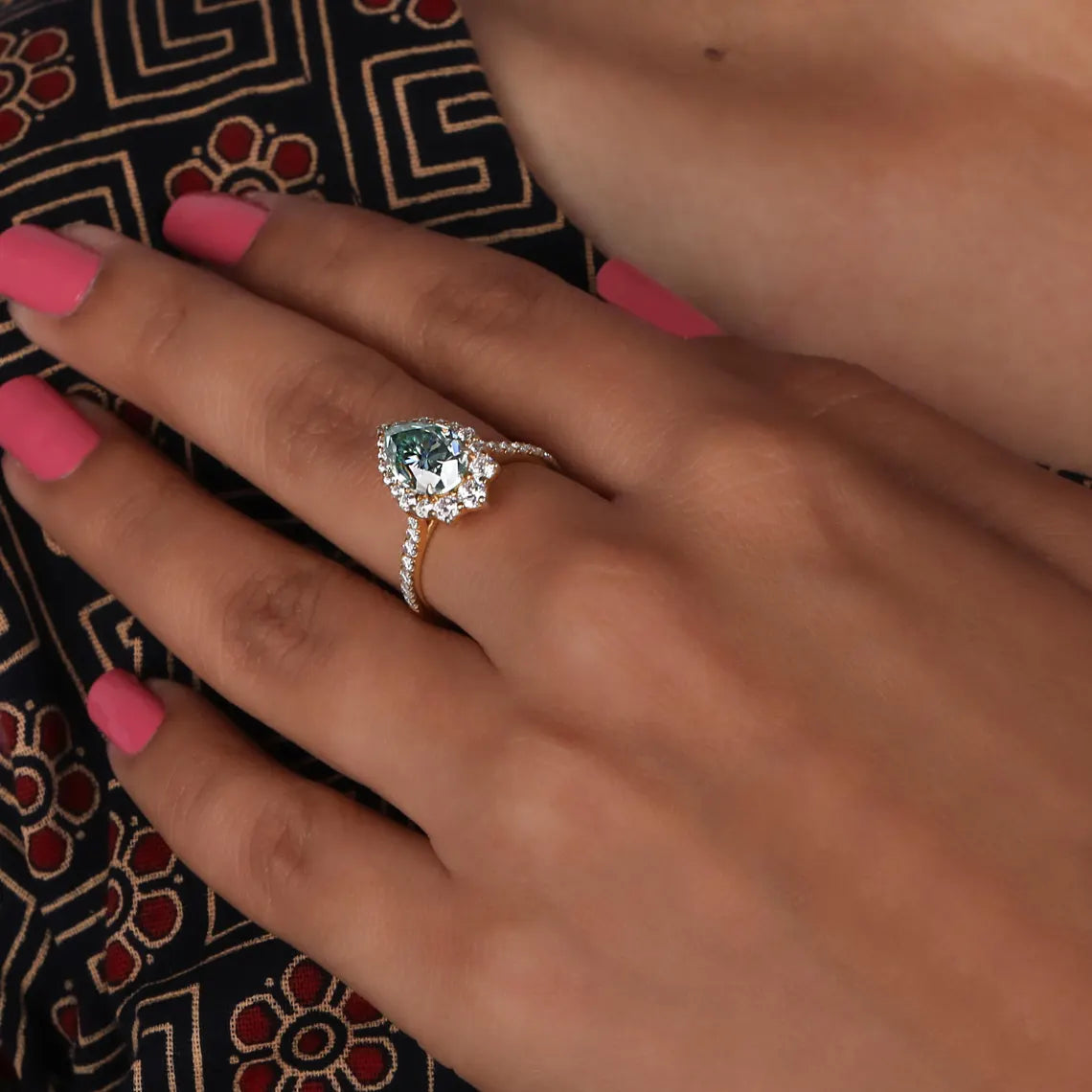 2.00 CT Green Pear Cut Lab Grown Diamond Halo Engagement Ring