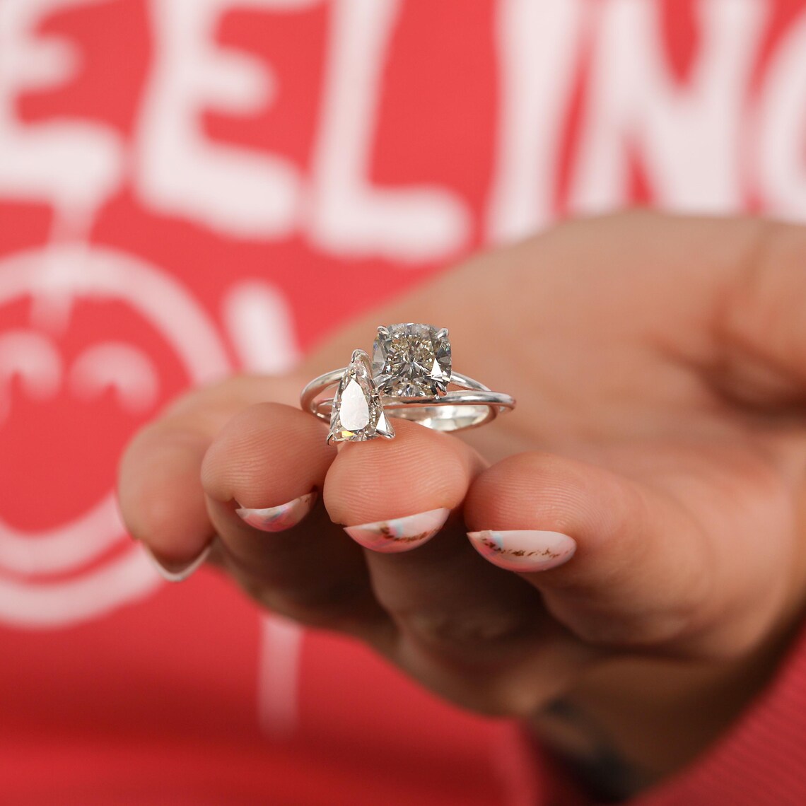 3.20 TCW Cushion & Trillion Cut Lab Diamond Toi Et Moi Engagement Ring