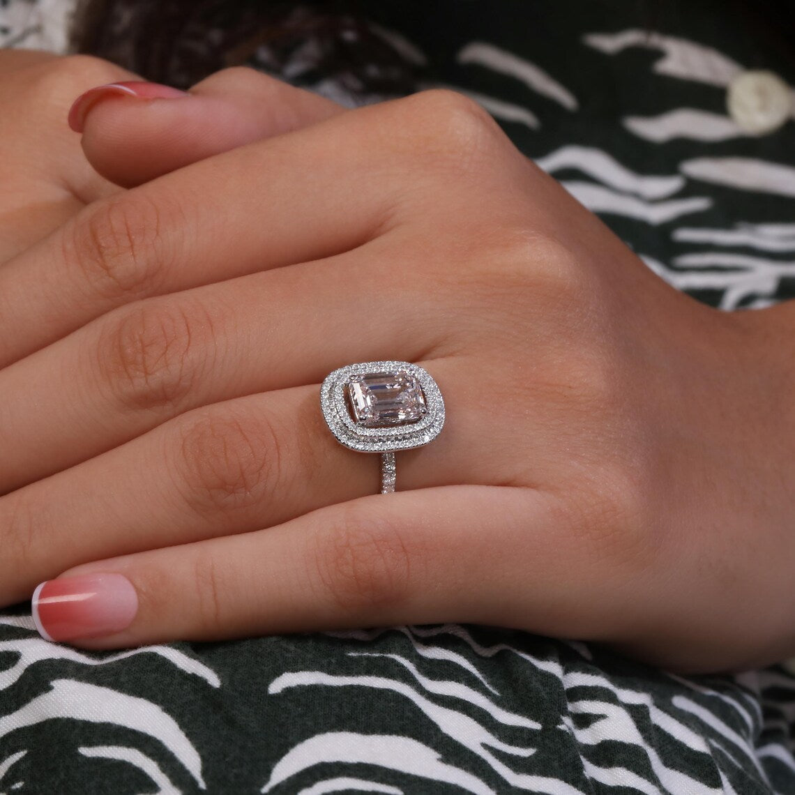 2.00 CT Emerald Fancy Pink Lab Diamond Double Halo Pave Engagement Ring