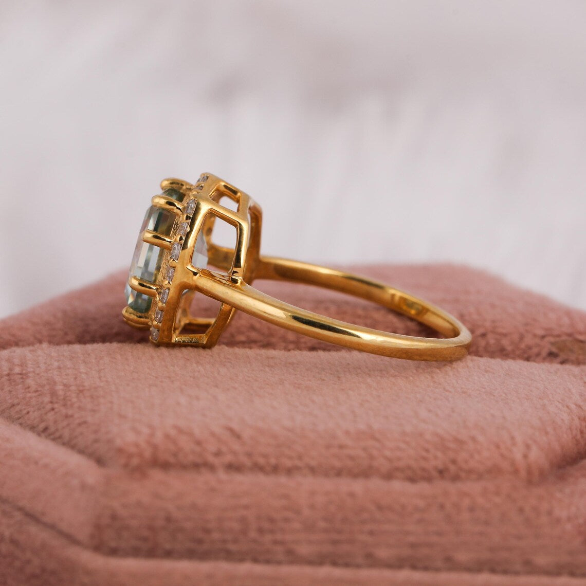 2.50 CT Green Elongated Oval Step Cut Lab Diamond Halo Engagement Ring